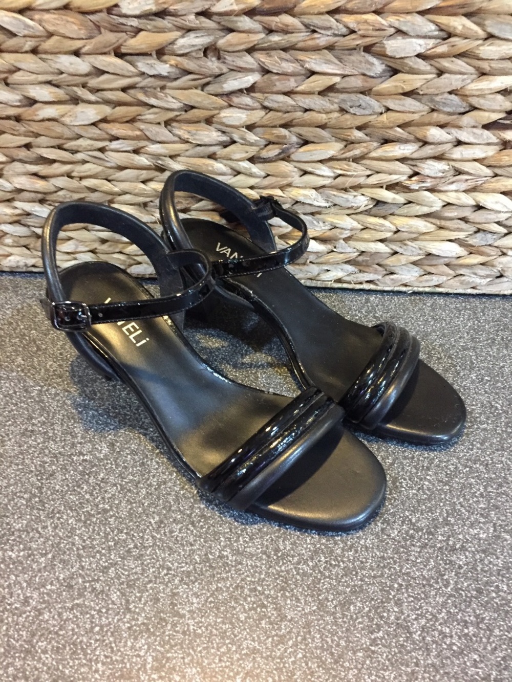 Vaneli Black Patent Leather Strappy Sandals
